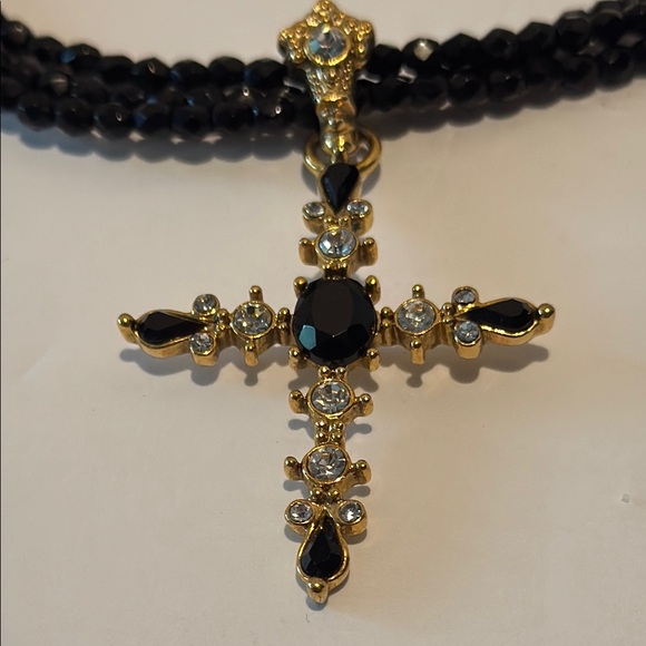 Vintage 1928 Multi Strand Black Bead Rhinestone Cross Necklace w/Clip Earrings - Picture 2 of 7